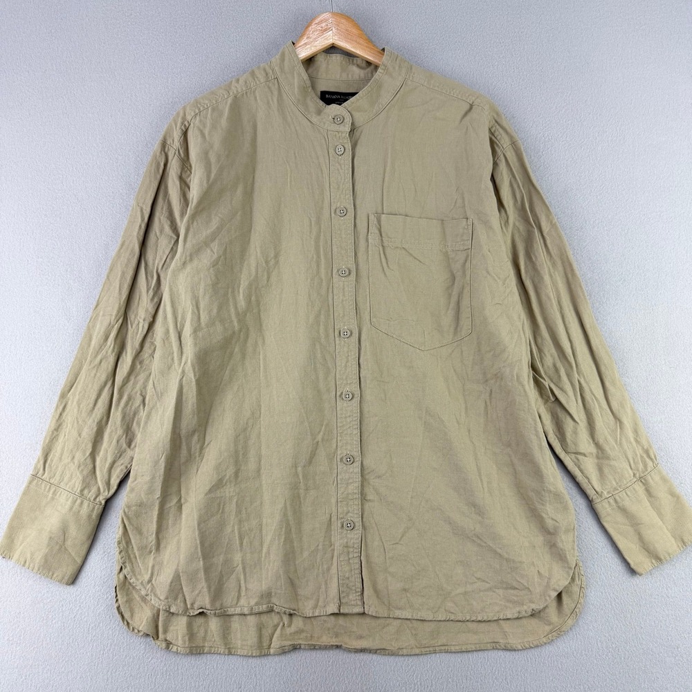 Banana Republic Linen Blend Shirt Mens Large Tan Long Sleeve Band Collar Neutral